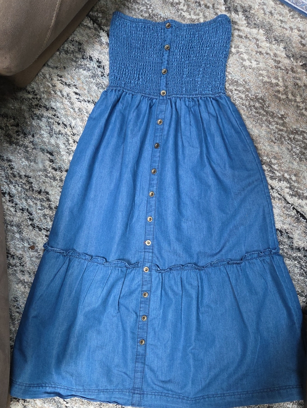 Blue Strapless Button-Front Maxi Dress